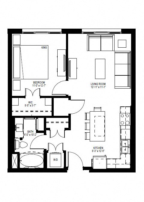 Floor plan for 1 bed, 1 bath, 643 sqft